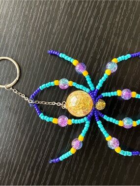 Handmade Yellow, Blue and Purple Beaded Keychain with Iridescent Center